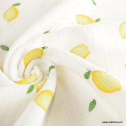 coupon de 66cm de Double gaze motif citrons fond blanc - oeko tex