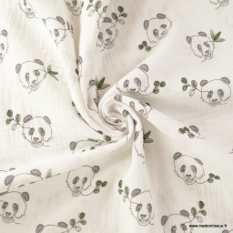 coupon de 70cm de tissu double gaze motif Pandas fond blanc cassé - oeko tex