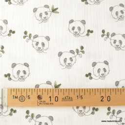 coupon de 70cm de tissu double gaze motif Pandas fond blanc cassé - oeko tex