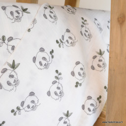 coupon de 70cm de tissu double gaze motif Pandas fond blanc cassé - oeko tex