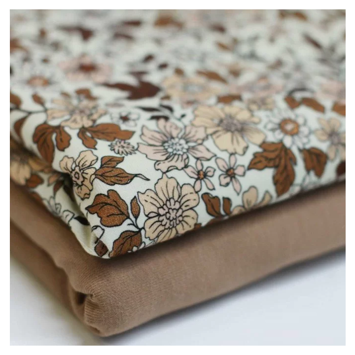 Tissu jersey motif fleurs vintage cacao