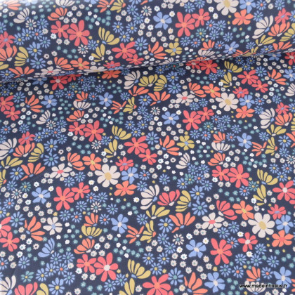 Tissu coton imprimé Maria motif fleurs bleu et orange - Oeko tex