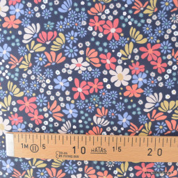 Tissu coton imprimé Maria motif fleurs bleu et orange - Oeko tex