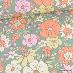 Tissu coton imprimé Sylvie motif fleurs orange et vert - Oeko tex