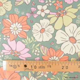 Tissu coton imprimé Sylvie motif fleurs orange et vert - Oeko tex