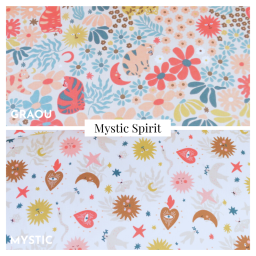 Tissu coton Mystic motif Ex-voto et soleil corail fond blanc - Oeko tex