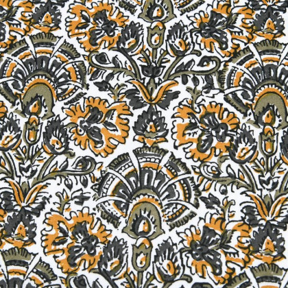 Tissu cretonne coton Nasik motifs fleurs kaki et jaune