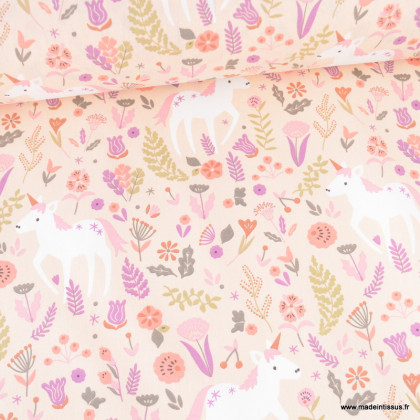 Tissu coton Jolicorn motif licornes et fleurs fond rose - Oeko tex