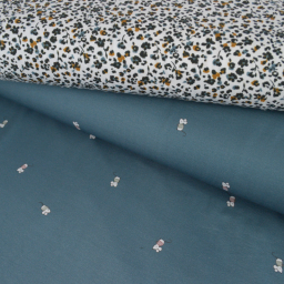 Tissu jersey Lily fleuri tons bleu et marron - Oeko tex