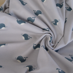 Tissu jersey baleines bleues sur fond gris - Oeko tex