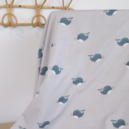 Tissu jersey baleines bleues sur fond gris - Oeko tex