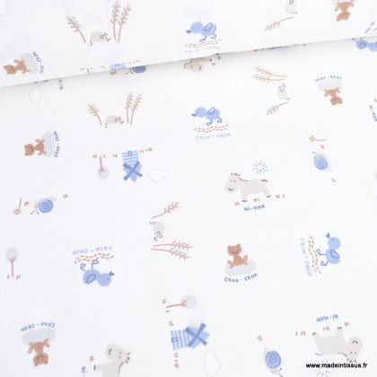 Tissu coton Hiffon motif animaux et moulins fond blanc - Oeko tex