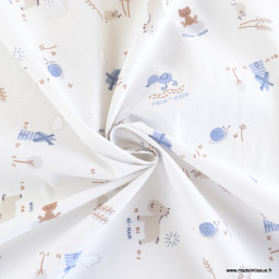 Tissu coton Hifon motif animaux et moulins fond blanc cassé - Oeko tex