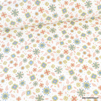 Tissu coton Rozia motif fleurs fond écru - Oeko tex