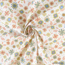 Tissu coton Rozia motif fleurs fond écru - Oeko tex