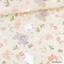 Tissu coton Cromignon motif animaux préhistoriques fond lin - Oeko tex