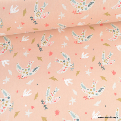 Tissu coton Celeste motif oiseaux fond rose - Oeko tex