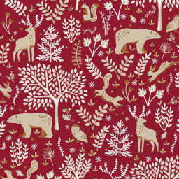 Tissu Noël coton Rovalia motifs animaux et feuillage fond rouge - Oeko tex