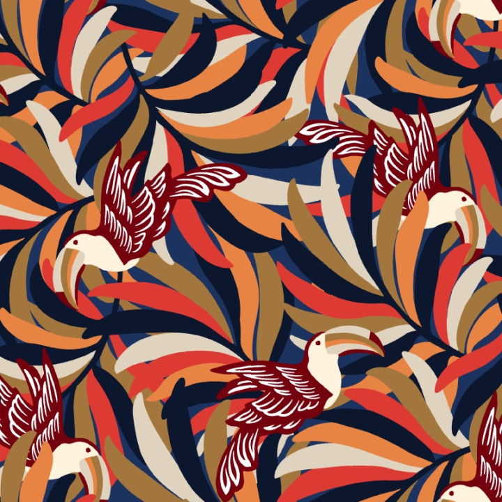 Tissu popeline de Viscose Toucan exotique Marine