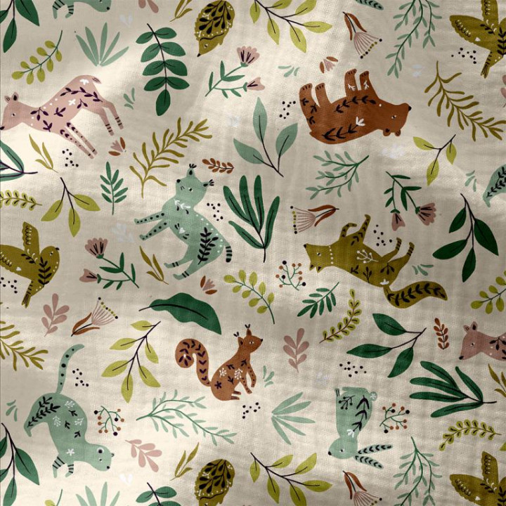 Tissu Double gaze Anifolk motif animaux fond Ecru - oeko tex