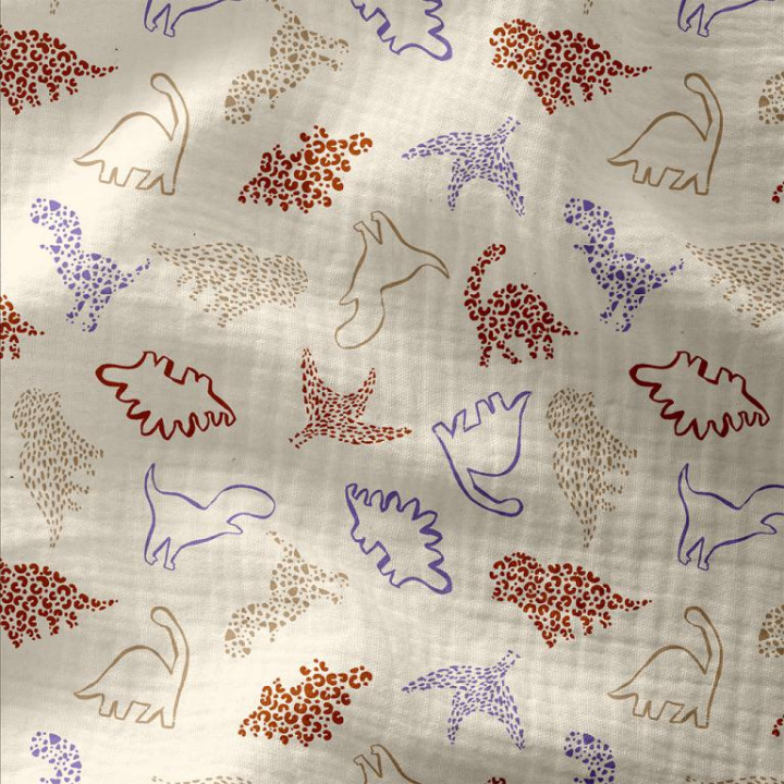 Tissu Double gaze Tobby motif dinosaure fond Ecru - oeko tex