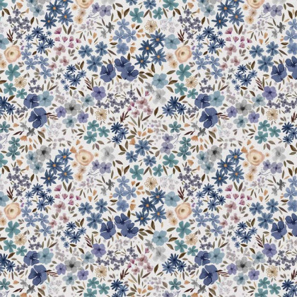 Tissu coton Romane fleurs bleues fond blanc - oeko tex