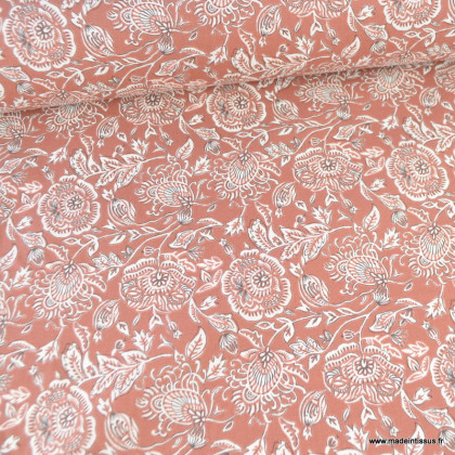 Tissu Mecoton motif fleurs indiennes fond écru et marron - Oeko tex