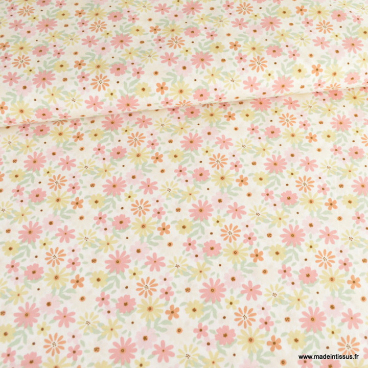 Tissu popeline Poppy motifs fleurs pâquerettes fond blanc - Oeko tex