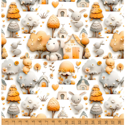 Tissu coton Barri façon 3D - Motif animaux et Maisons orange