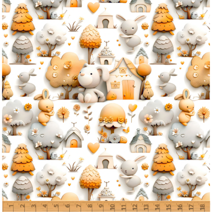 Tissu coton Barri façon 3D - Motif animaux et Maisons orange