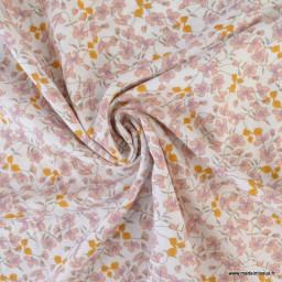 Tissu Viscose Fleurette motifs fleurs roses fond Crème