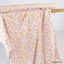 Tissu Viscose Fleurette motifs fleurs roses fond Crème