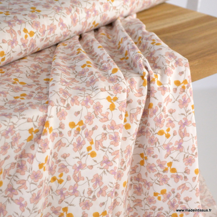 Tissu Viscose Fleurette motifs fleurs roses fond Crème