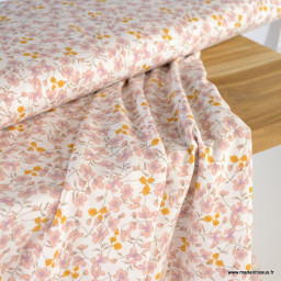 Tissu Viscose Fleurette motifs fleurs roses fond Crème