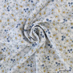 Tissu Viscose Fleurette motif fleurs bleu fond Crème