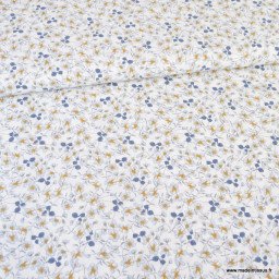 Tissu Viscose Fleurette motif fleurs bleu fond Crème