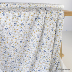 Tissu Viscose Fleurette motif fleurs bleu fond Crème