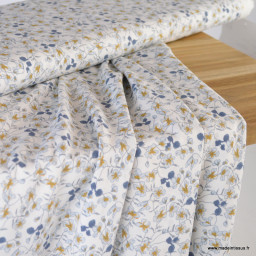 Tissu Viscose Fleurette motif fleurs bleu fond Crème