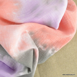 Double gaze tie and dye corail, gris et mauve - oeko tex