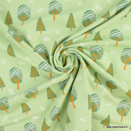 Tissu jersey motifs arbres fond menthe - oeko tex