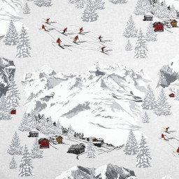 coupon de 50cm Tissu toile Meribel motif station de ski en montagne gris