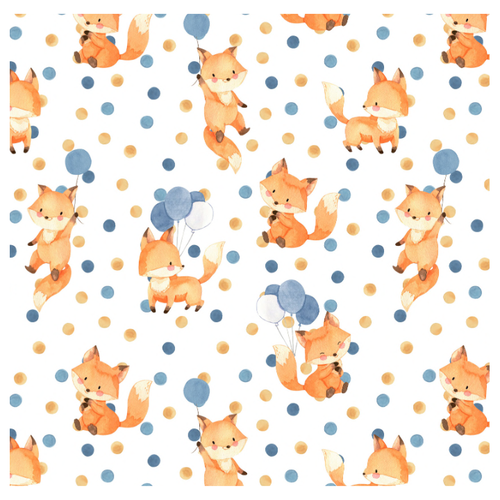 Tissu coton Tod Fox - Motif renards et ballons fond blanc