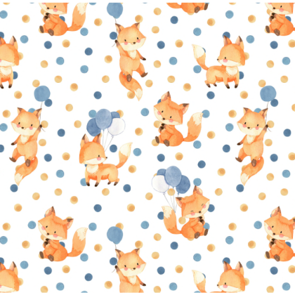 Tissu coton Tod Fox - Motif renards et ballons fond blanc