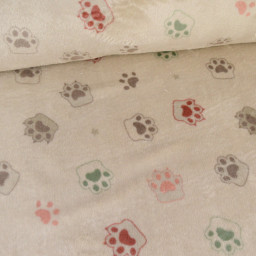 Tissu doudou ultra doux imprimé pattes de chats fond beige