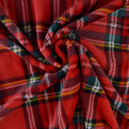 Tissu doudou ultra doux imprimé tartan sur fond rouge