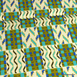 Tissu wax motifs graphique Lurex vert, bleu et écru