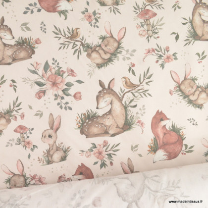 Tissu cretonne coton motif animaux de la foret fond beige