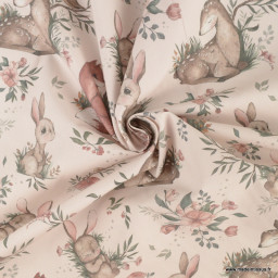 Tissu cretonne coton motif animaux de la foret fond beige