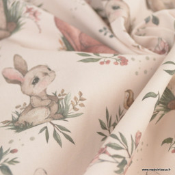 Tissu cretonne coton motif animaux de la foret fond beige