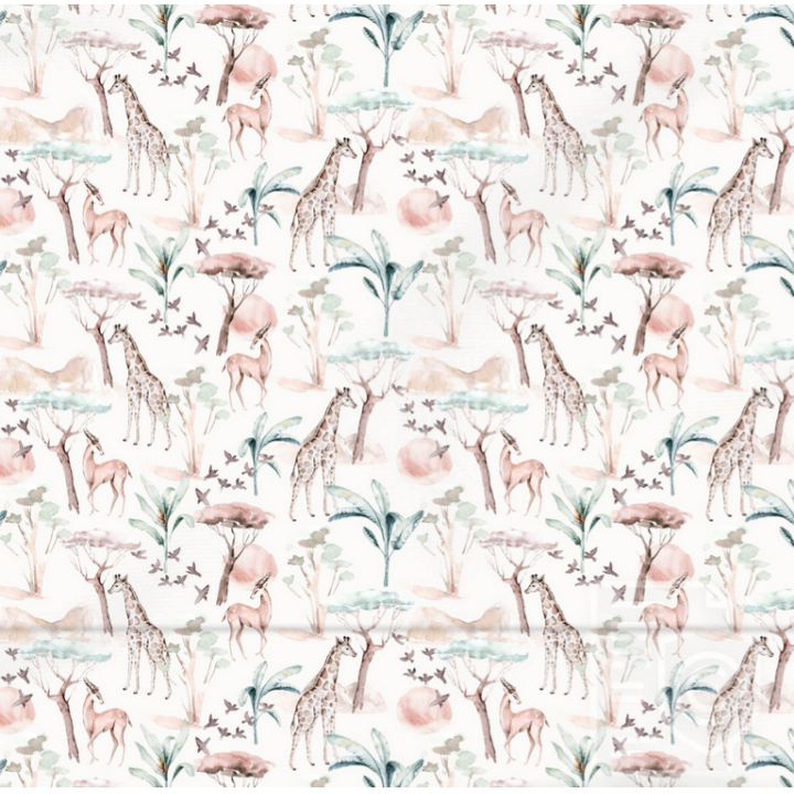 Tissu cretonne coton Maya motif animaux de la savane fond lin clair